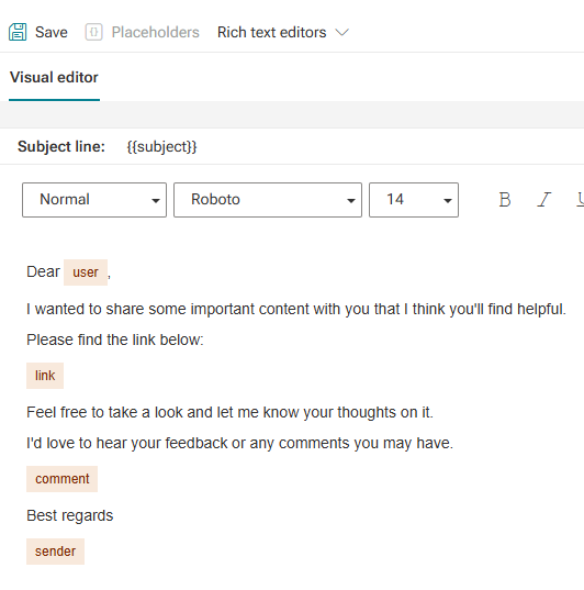 Example e-mail with placeholders in the mail builder